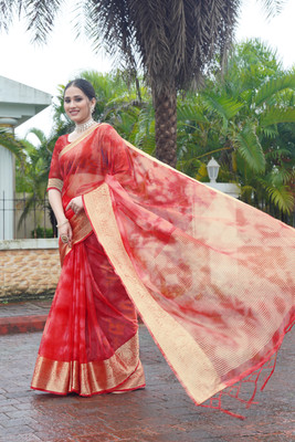 Aarunika LGF Solid/Plain Bollywood Organza Saree(Red)