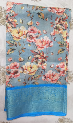 NO BRND Floral Print, Digital Print, Self Design Bollywood Silk Blend Saree(Grey)