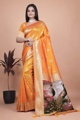 NENU FASHON Floral Print, Digital Print, Woven Banarasi Silk Blend Saree(Orange)
