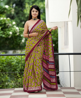 shiv textiles Printed Bollywood Pure Cotton Saree(Light Green)