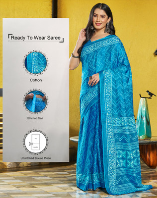 SIRIL Geometric Print, Printed Ikkat Cotton Blend Saree(Blue, White)