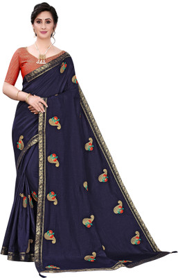 Gold Art Fashion Embroidered Banarasi Art Silk Saree(Dark Blue)