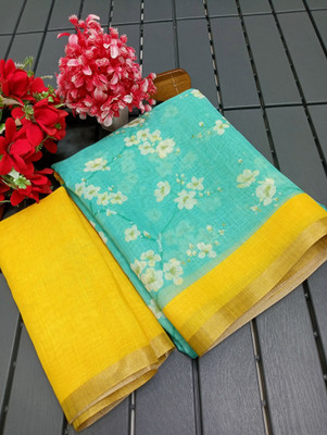 HouseOfCommon Printed Kanjivaram Cotton Linen, Linen Saree(Light Green, Yellow)