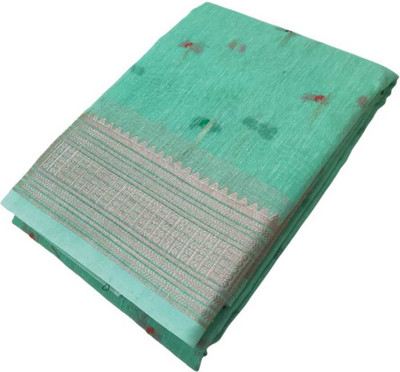The FabLab Woven Handloom Cotton Linen Saree(Light Green)