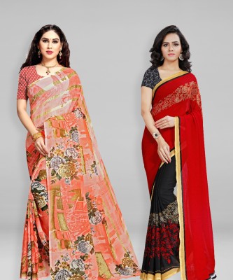 kashvi sarees Printed Daily Wear Georgette Saree(Pack of 2, Red, Black, Orange)