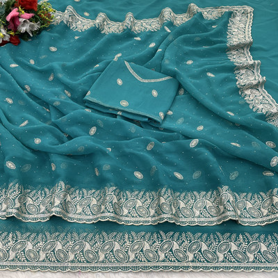 SHUBHDRASHTI NX Embroidered Bollywood Organza Saree(Light Blue)