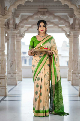 Tilfelle Woven, Temple Border Sambalpuri Silk Blend Saree(Cream, Green)