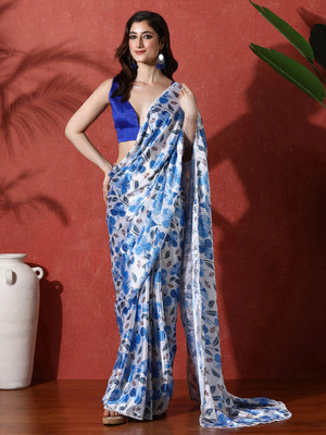 Sangria Printed Saree with Attached Blouse Satin Saree(Blue)