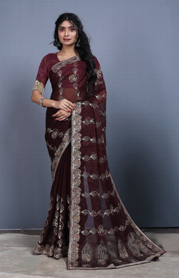 Anjani Textile Embroidered Bollywood Tussar Silk Saree(Brown)