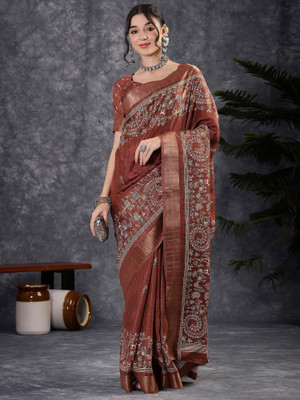 Divastri Printed Hand Batik Silk Blend Saree(Brown)