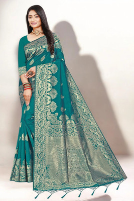 Pikham Self Design Banarasi Art Silk Saree(Green)