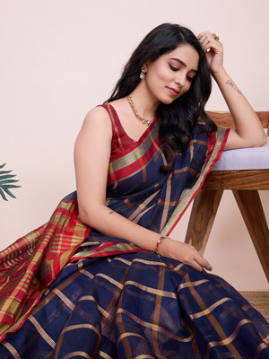 SUDIPTA Woven, Checkered, Striped Kota Doria Cotton Silk Saree(Dark Blue)
