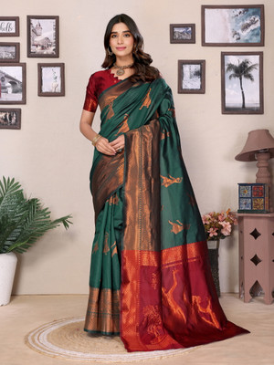 HB VENTURE Applique Banarasi Jacquard Saree(Green)