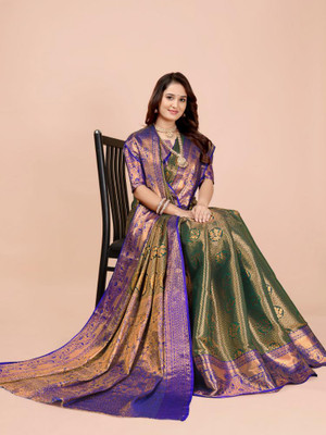 jayant creation Woven Banarasi Silk Blend, Jacquard Saree(Dark Green)