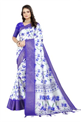 J6 Designers Embellished, Printed, Floral Print Bollywood Cotton Silk Saree(White, Blue)