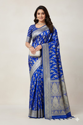 Sijlin Woven, Self Design, Temple Border Banarasi Satin Saree(Blue)