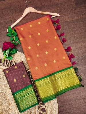 yourwish Printed Paithani Cotton Silk, Jacquard Saree(Orange, Green)