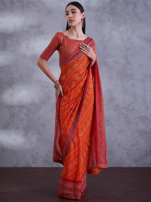 Sareemall Embellished Bandhani Georgette Saree(Orange)