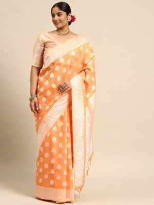 Sztori Woven, Self Design Banarasi Cotton Linen Saree(Red)