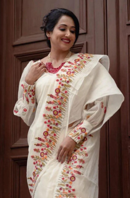 Anupam textile Embroidered Handloom Pure Cotton Saree(White)