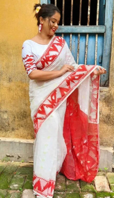 SIBADUTI Self Design Jamdani Cotton Blend Saree(Red, White)
