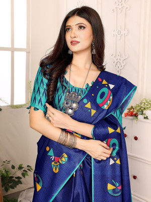 YASHIKA Printed Assam Silk Art Silk Saree(Blue)