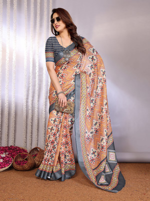 Soor Panchi Digital Print Bandhani Cotton Linen Saree(Yellow)