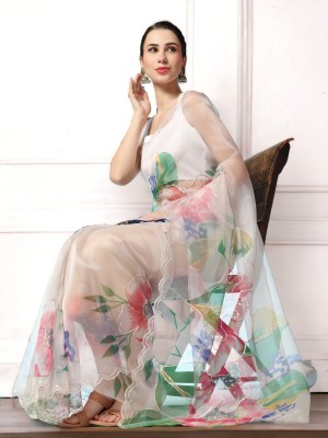 VAMSEE Floral Print, Self Design, Digital Print Bollywood Organza Saree(White)