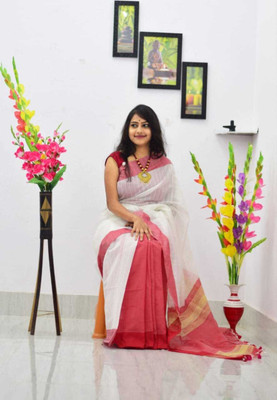 GOLU Solid/Plain Handloom Cotton Silk Saree(Red, White)