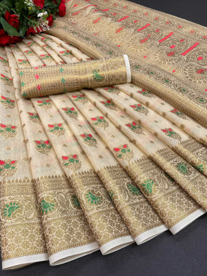 Gold Art Fashion Woven Banarasi Cotton Silk, Jacquard Saree(Cream)