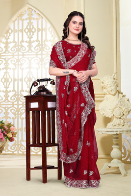 KHRITI FAB Embroidered Bollywood Silk Blend Saree(Red)