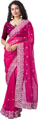 Virendra Textiles Solid/Plain Bollywood Net Saree(Pink)