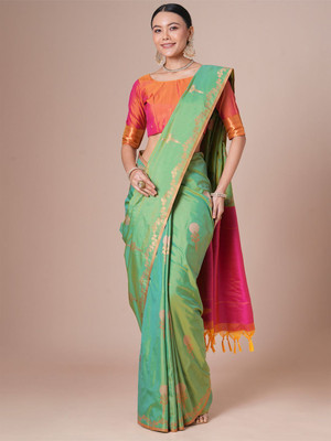 House of Pataudi Woven Jamdani Pure Silk Saree(Green)
