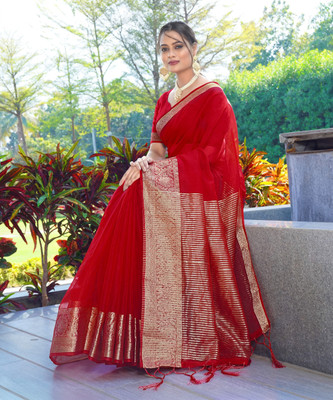 KOTHARI SBT Solid/Plain Bandhani Organza Saree(Red)