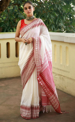 binita Self Design Handloom Cotton Blend Saree(White)