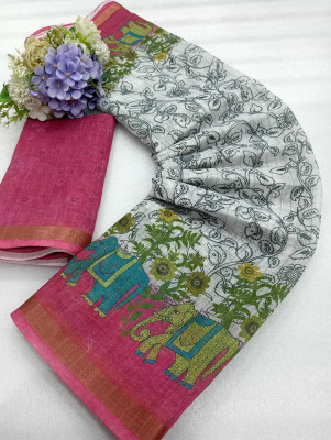 Saaransh Floral Print Kanjivaram Linen, Cotton Silk Saree(White, Multicolor)