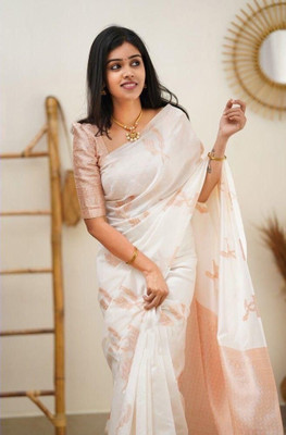 Rudr Ventures Embroidered Banarasi Cotton Silk Saree(White)