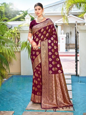 BUNAWAT Woven Daily Wear Silk Blend Saree(Purple)