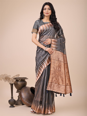 Divastri Woven Kanjivaram Cotton Linen Saree(Grey)