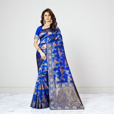 SAREEFLAME Floral Print Banarasi Art Silk, Cotton Silk Saree(Blue)
