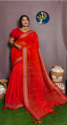BalikaTextile Self Design Handloom Cotton Blend Saree(Red)