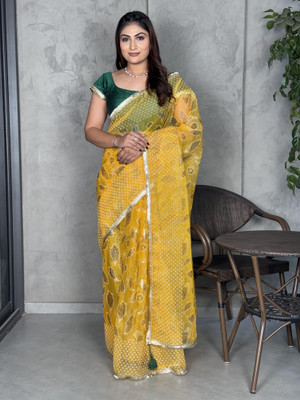 PATTARI Embellished Bollywood Net Saree(Yellow)