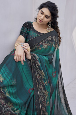 MIRCHI FASHION Floral Print Daily Wear Chiffon, Georgette Saree(Green, Black)