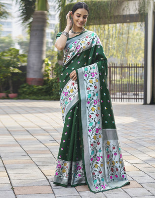 Samah Woven, Self Design, Embellished Paithani Art Silk Saree(Dark Green, Silver, Multicolor)
