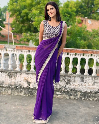 JHDONDA Solid/Plain Saree with Attached Blouse Georgette Saree(Purple)