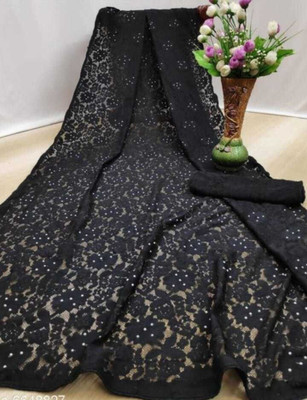 Suali Floral Print Bollywood Net Saree(Black)