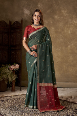 AKSHAR PATRON ENTERPRISE Solid/Plain Banarasi Cotton Linen Saree(Dark Green)