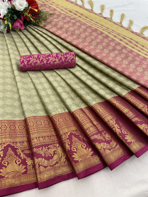 MM VENTURE Woven Kanjivaram Jacquard Saree(Beige)
