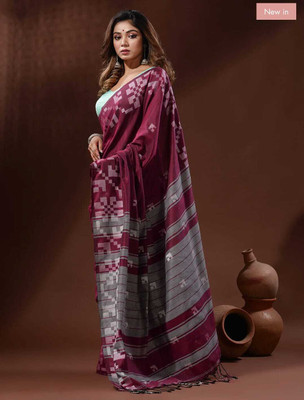 Sthaker Solid/Plain Handloom Cotton Blend Saree(Red)