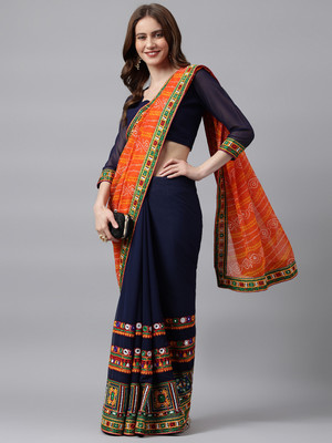 Divastri Embroidered Bandhani Georgette Saree(Dark Blue, Orange)